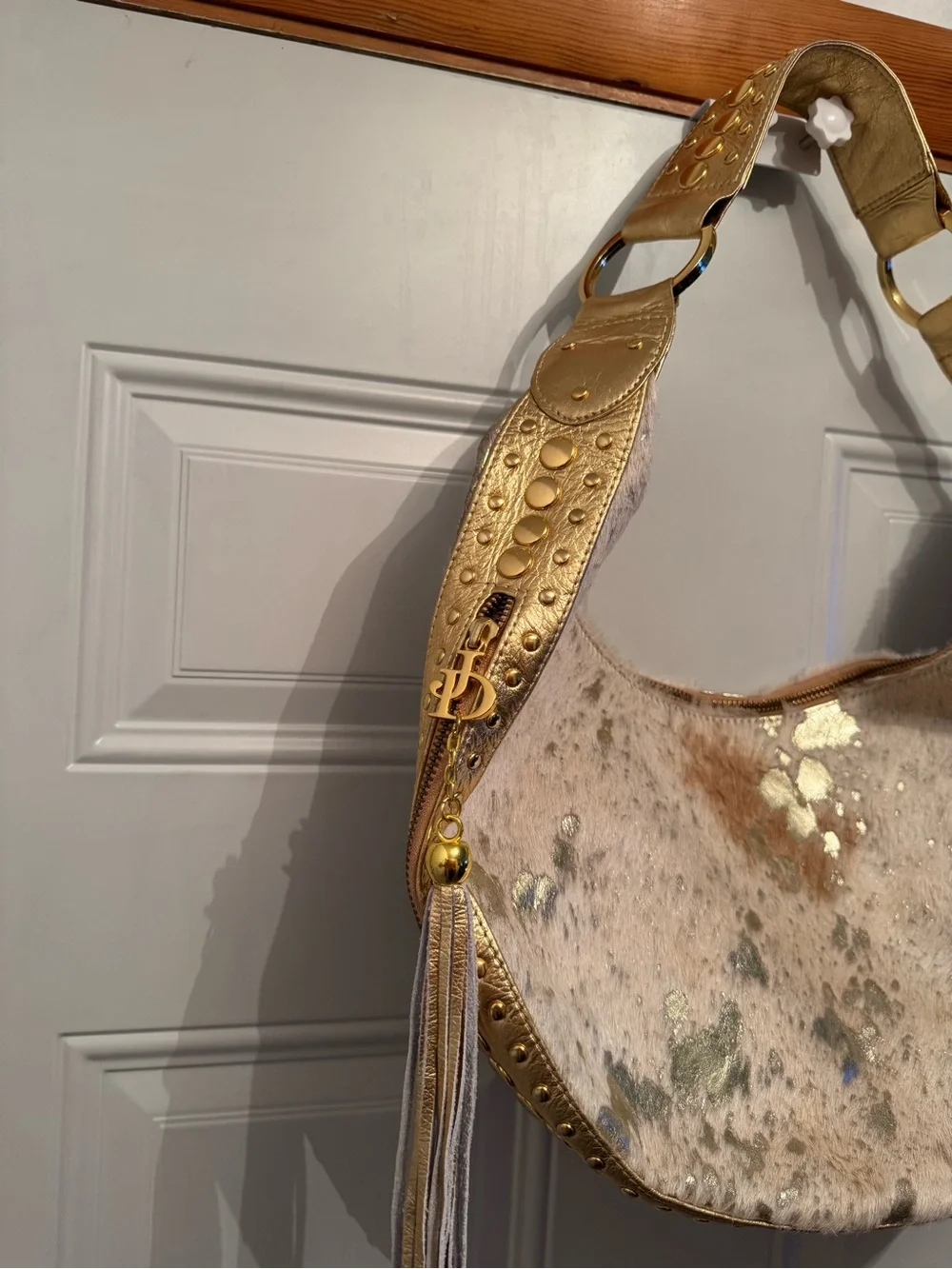Junior Drake Gold Studded with metallic Cowhide Hobo Bag Fringed Tassel